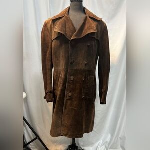 Vintage 70s Brown Suede Trench Coat Leather Double Button Buckle